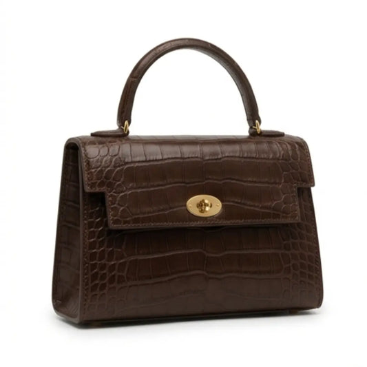 Epax Luxurious Espresso Brown Croc Embossed Leather Handbag